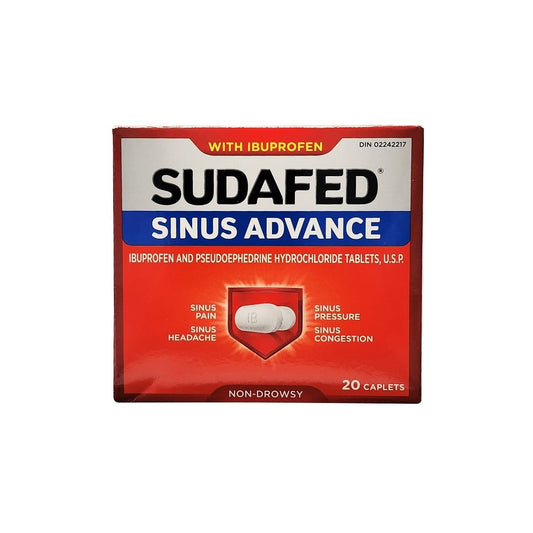 Product label for Sudafed Sinus Advance Ibuprofen and Pseudoephedrine Hydrochloride (20 Caplets) in English