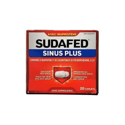 Product label for Sudafed Sinus Advance Ibuprofen and Pseudoephedrine Hydrochloride (20 Caplets) in French