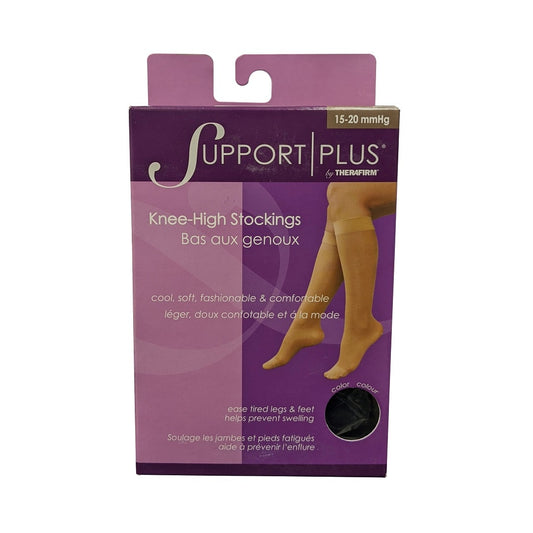Product label for Support Plus by Therafirm 15-20 mmHg - Knee High Stockings / Black (Large)