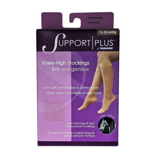 Product label for Support Plus by Therafirm 15-20 mmHg - Knee High Stockings / Black (medium)