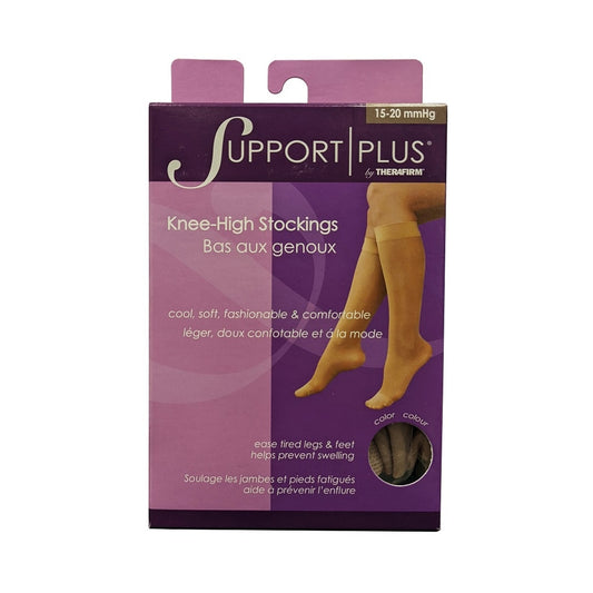 Product label for Support Plus by Therafirm 15-20 mmHg - Knee High Stockings / Natural (Large)