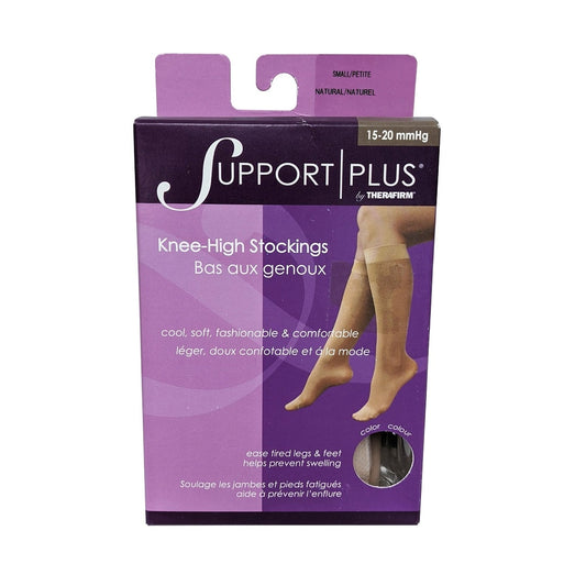 Product label for Support Plus by Therafirm 15-20 mmHg - Knee High Stockings / Natural (small)