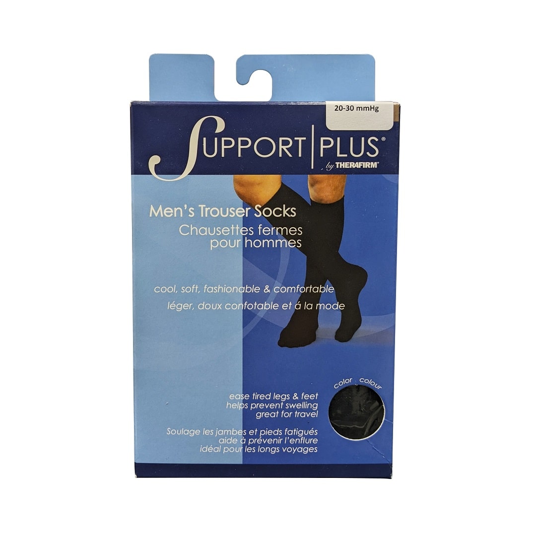 Product label for Support Plus by Therafirm 20-30 mmHg Men's Trouser Socks - Black (Large)