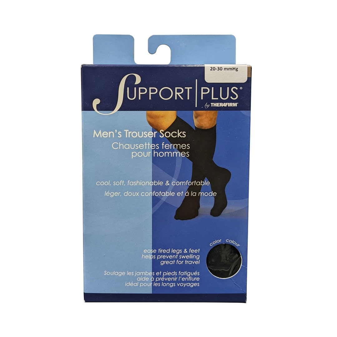 Product label for Support Plus by Therafirm 20-30 mmHg - Men's Trouser Socks / Black (Medium)