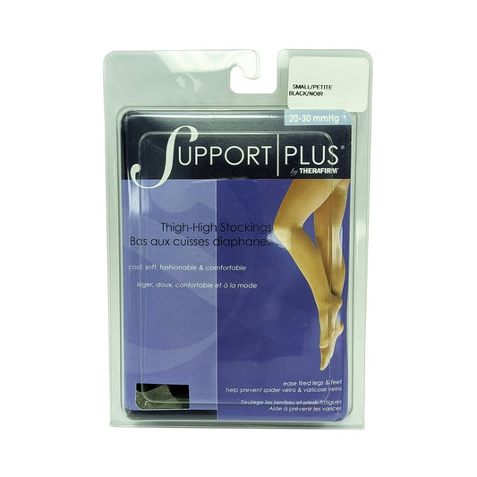 Product label for Support Plus by Therafirm 20-30 mmHg - Thigh High Stockings / Black 