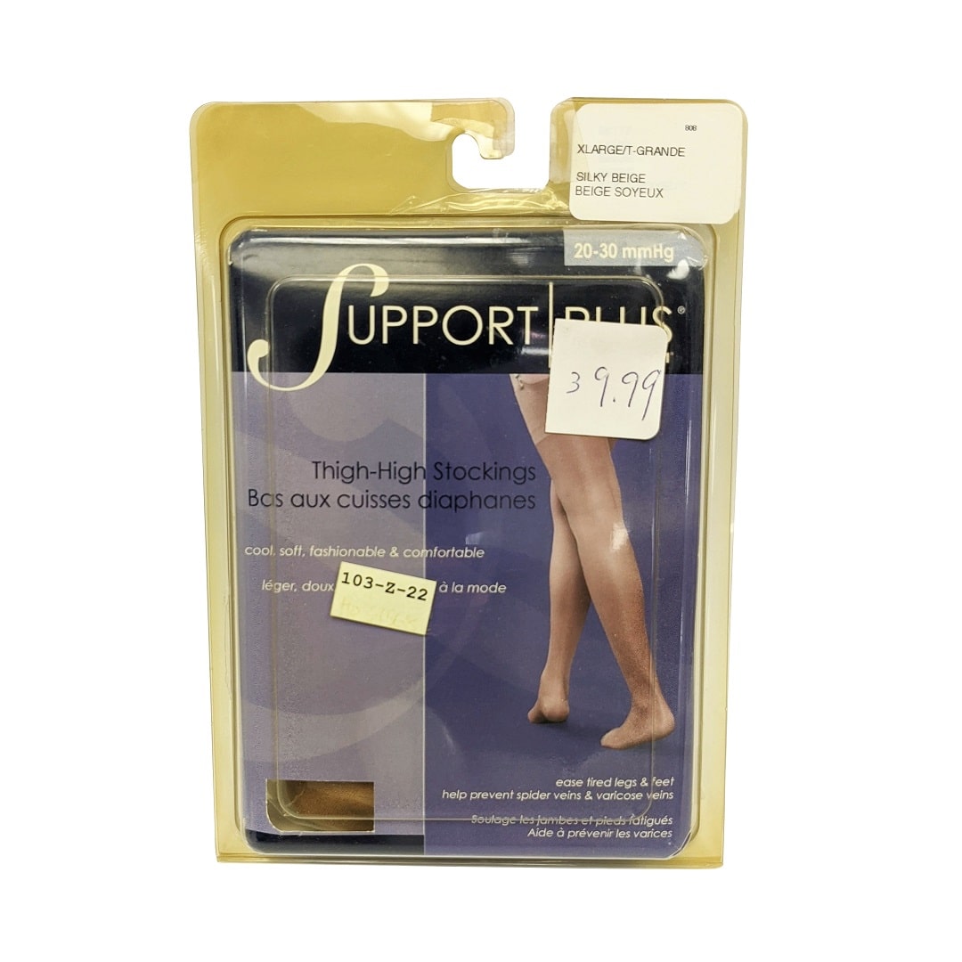 Product label for Support Plus by Therafirm 20-30 mmHg - Thigh High Stockings / Silky Beige - X-Large