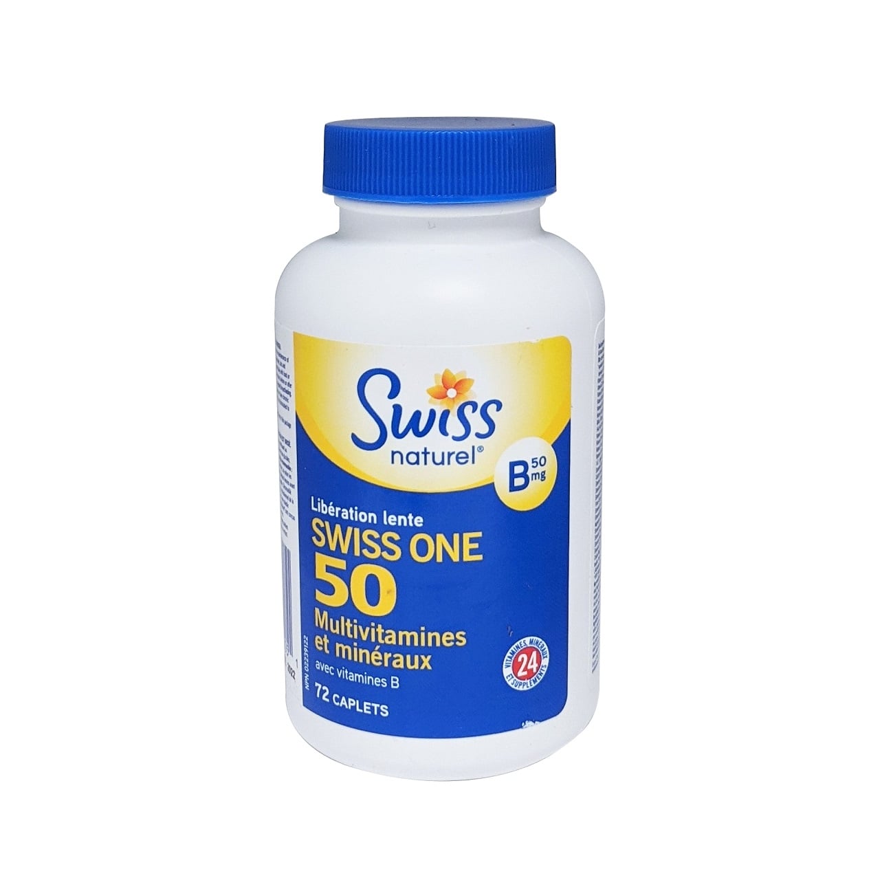 Product label for Swiss Natural B50 Multi Vitamin & Mineral Timed Release (72 caplets) in French