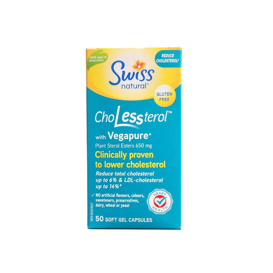 Product label for Swiss Natural ChoLessterol with Vegapure (50 softgels) in English
