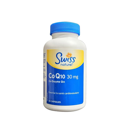 Product label for Swiss Natural CoQ10 Co-Enzyme Q10 30 mg (60 capsules) in French