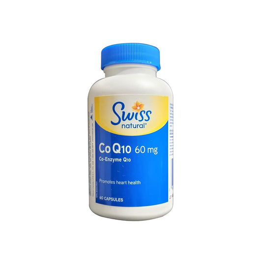Product label for Swiss Natural CoQ10 Co-Enzyme Q10 60 mg (60 capsules) in English