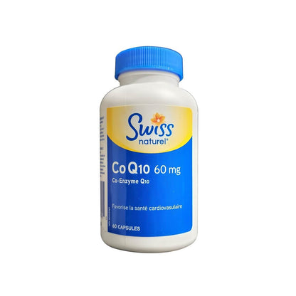 Product label for Swiss Natural CoQ10 Co-Enzyme Q10 60 mg (60 capsules) in French
