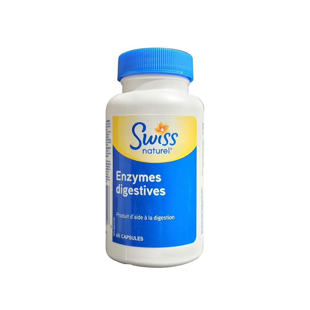 Product label for Swiss Natural Digestive Enzymes (60 capsules) in French