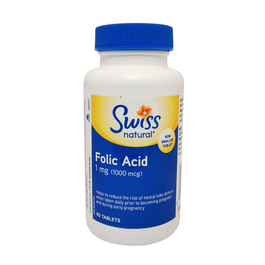 Product label for Swiss Natural Folic Acid 1000mcg (90 tablets) in English