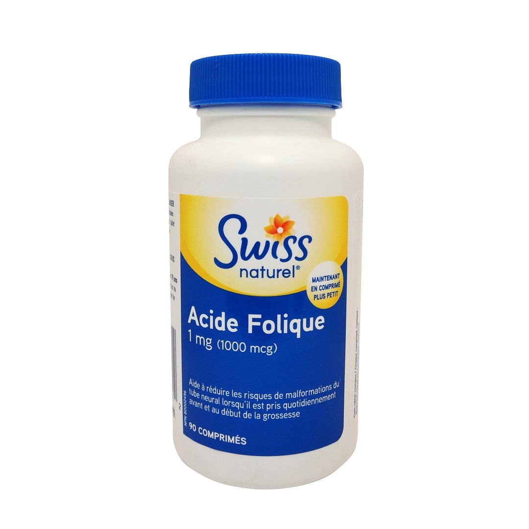 Product label for Swiss Natural Folic Acid 1000mcg (90 tablets) in French
