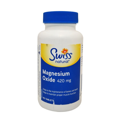Product label for Swiss Natural Magnesium Oxide 420mg (90 tablets) in English