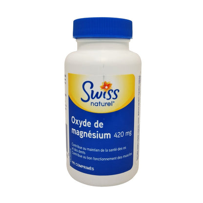 Product label for Swiss Natural Magnesium Oxide 420mg (90 tablets) in French