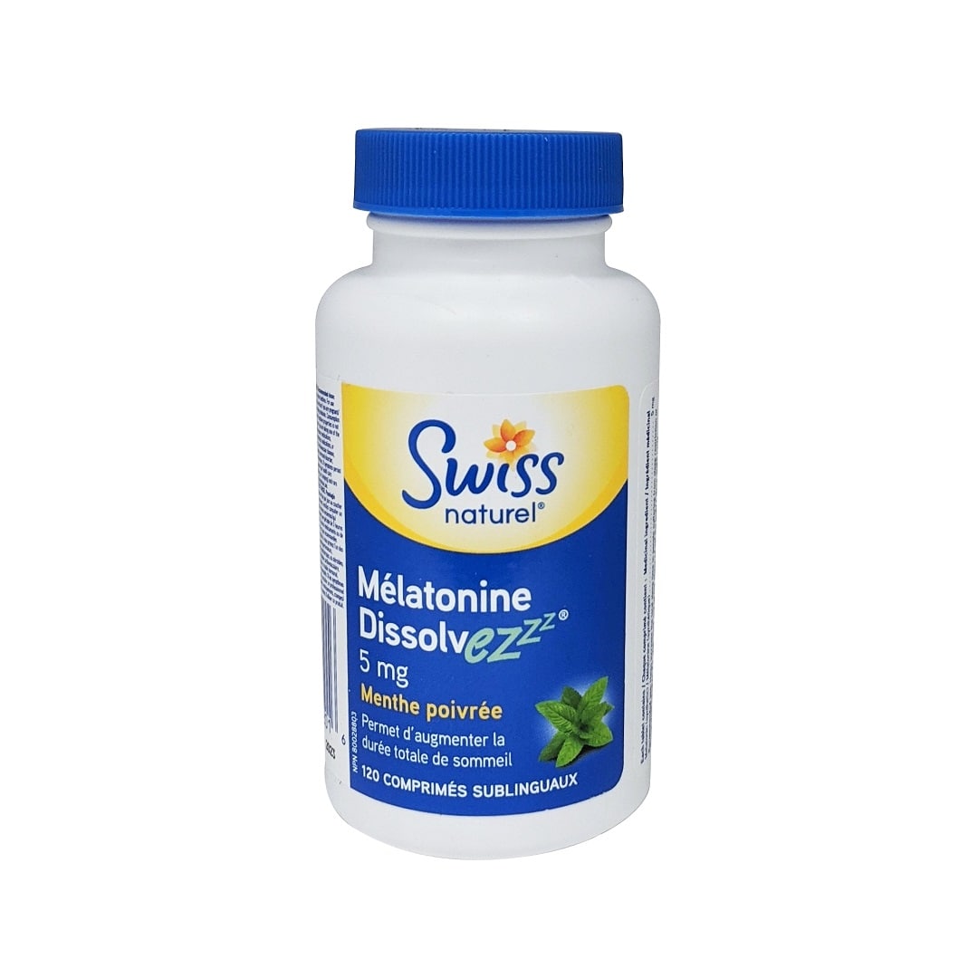 Product label for Swiss Natural Melatonin Disolvezzz 5mg Peppermint (120 tablets) in French