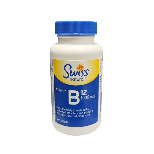 Product label for Swiss Natural Vitamin B12 1000 mcg (60 tablets) in English