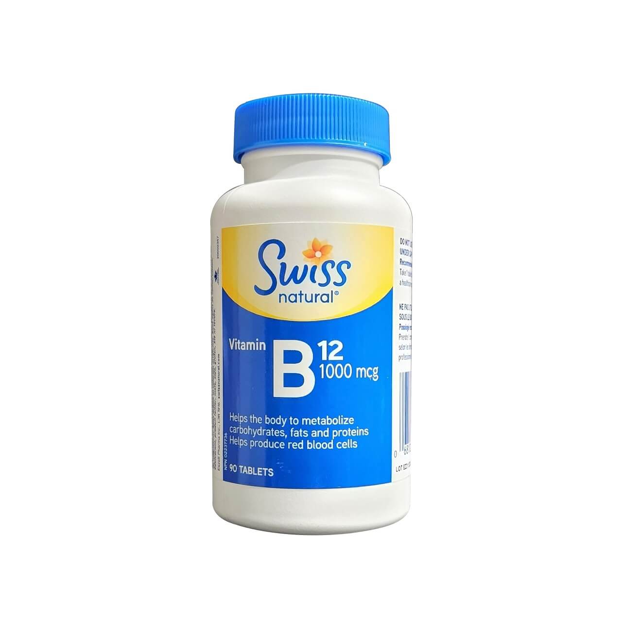 Product label for Swiss Natural Vitamin B12 1000 mcg (90 tablets) in English