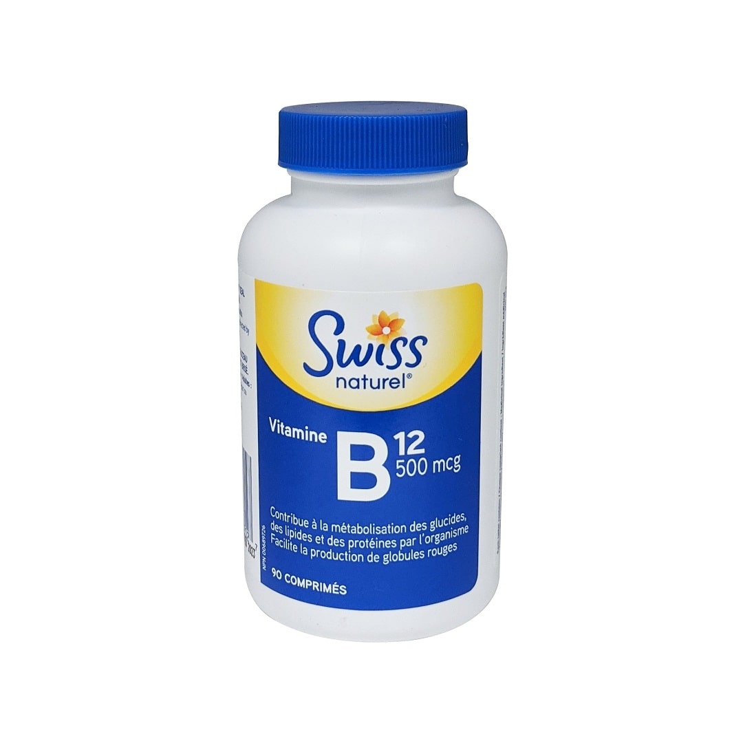 Product label for Swiss Natural Vitamin B12 500mcg (90 tablets) in French