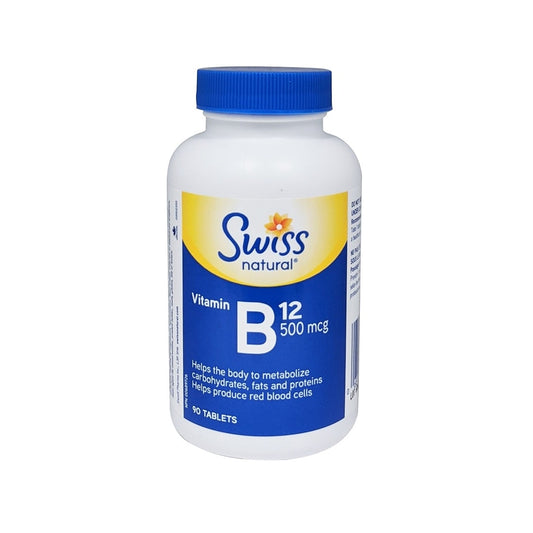 Product label for Swiss Natural Vitamin B12 500mcg (90 tablets) in English