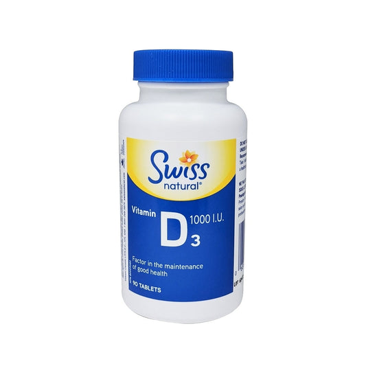 Product label for Swiss Natural Vitamin D3 1000 IU (90 tablets) in English