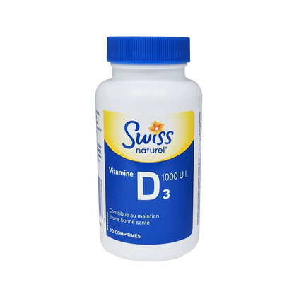 Product label for Swiss Natural Vitamin D3 1000 IU (90 tablets) in French