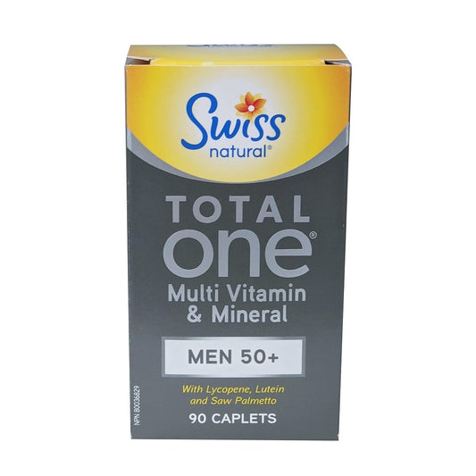 Product label for Swiss Natural Total ONE Multi Vitamin & Mineral for Men 50+ (90 caplets) in English