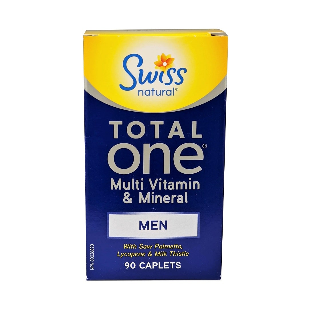 Product label for Swiss Natural Total ONE Multi Vitamin & Mineral for Men (90 caplets) in English