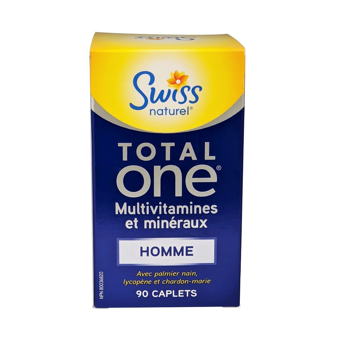 Product label for Swiss Natural Total ONE Multi Vitamin & Mineral for Men (90 caplets) in French