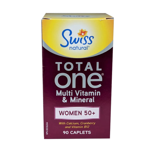 Product label for Swiss Natural Total ONE Multi Vitamin & Mineral for Women 50+ (90 caplets) in English