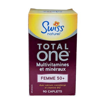 Product label for Swiss Natural Total ONE Multi Vitamin & Mineral for Women 50+ (90 caplets) in French