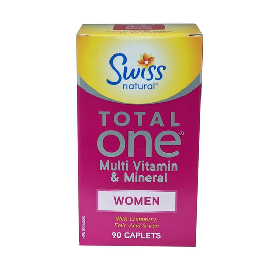 Product label for Swiss Natural Total ONE Multi Vitamin & Mineral for Women (90 caplets) in English