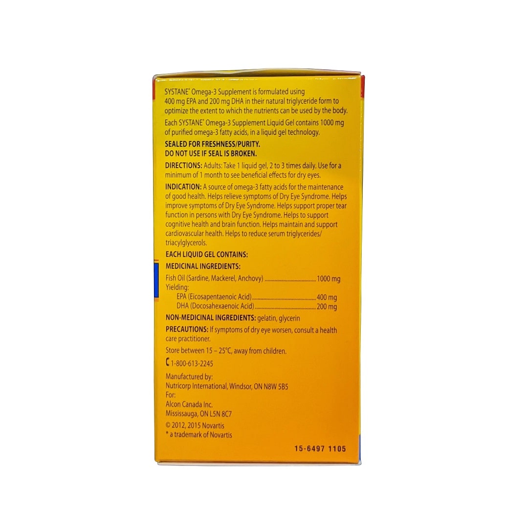 Description, directions, indications, ingredients, precautions for Alcon Systane Omega-3 Supplement (60 softgels) in English