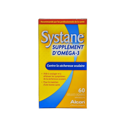 Product label for Alcon Systane Omega-3 Supplement (60 softgels) in French