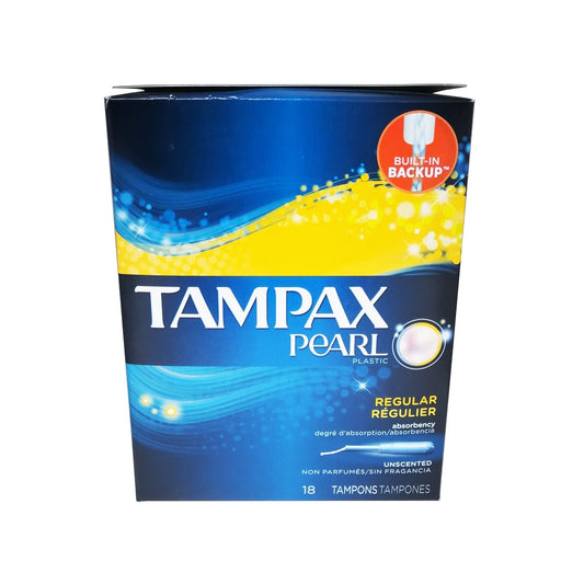 Product label for Tampax Pearl Regular Absorbency (18 count)