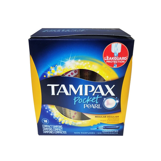 Product label for Tampax Pocket Pearl Regular Absorbency (18 count)