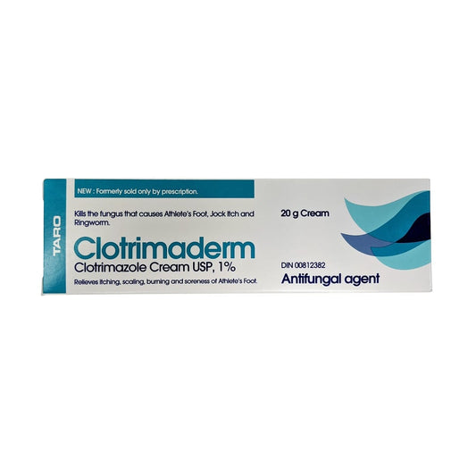Product label for Taro Clotrimaderm Clotrimazole Cream USP 1% Antifungal Agent (20 grams) in English
