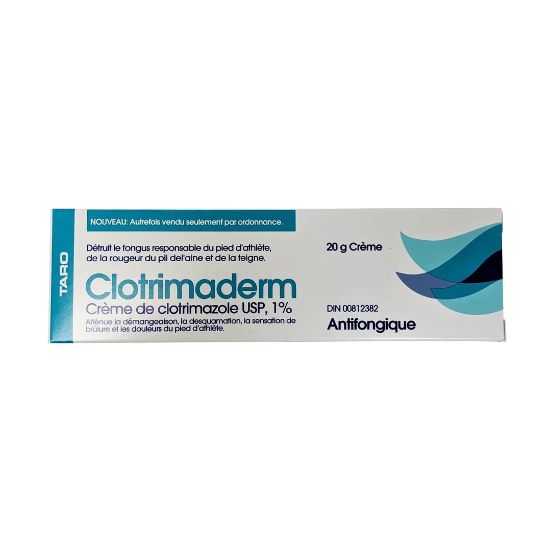 Product label for Taro Clotrimaderm Clotrimazole Cream USP 1% Antifungal Agent (20 grams) in French