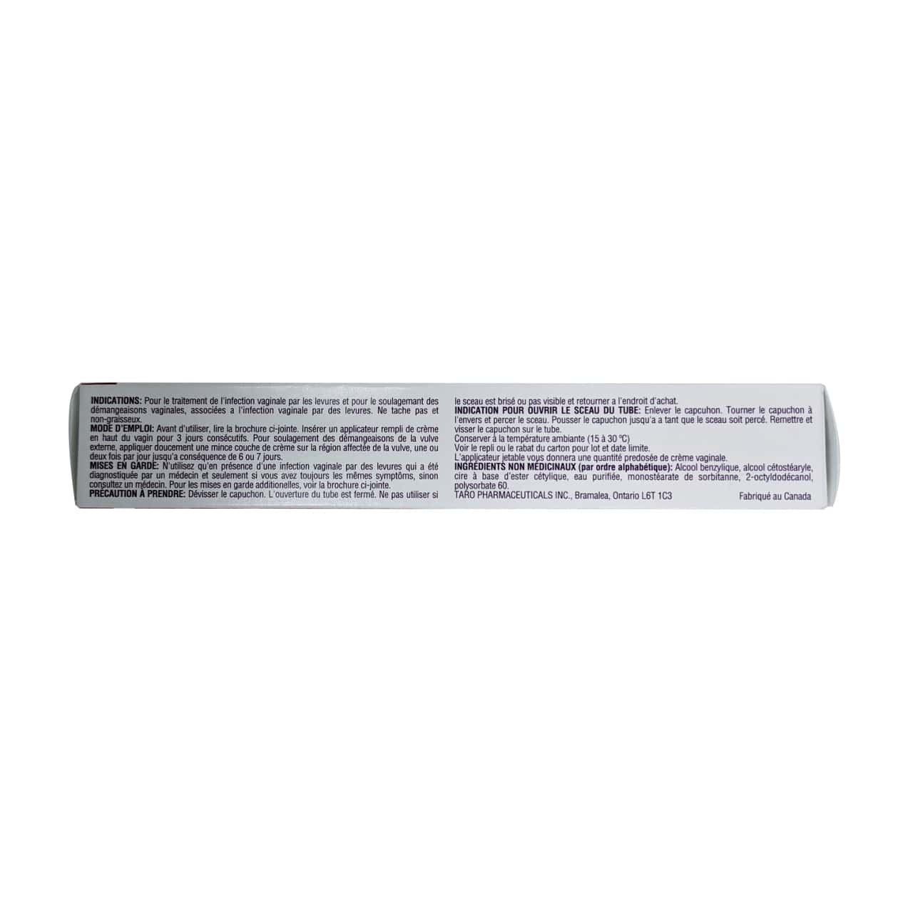Indications, directions, warnings, and ingredients for Taro Clotrimaderm Vaginal Cream 2% in French