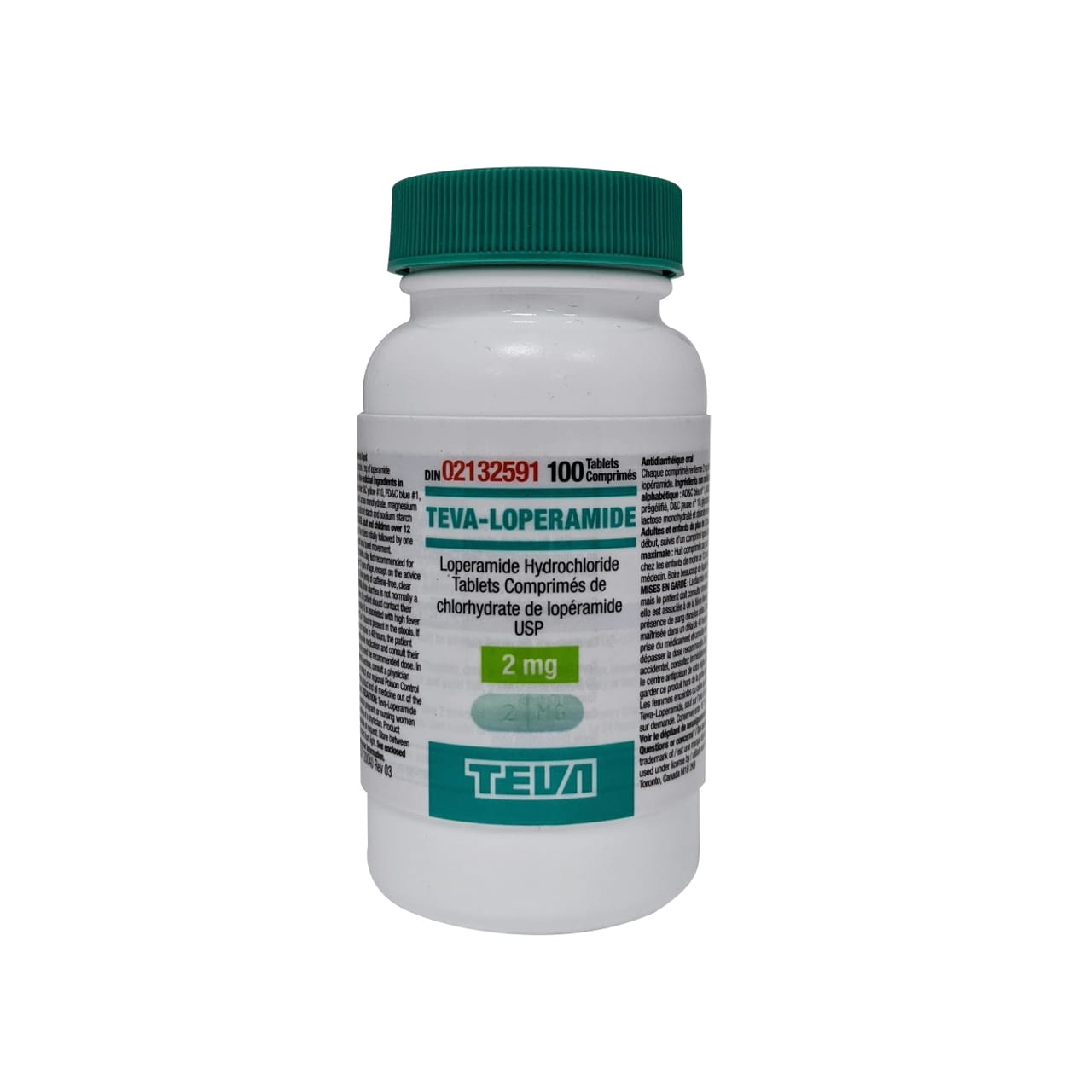 Product label for Teva-Loperamide 2mg bottle of 100 tablets.