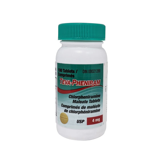 Product label for Teva-Pheniram Chlorpheniramine Maleate 4mg in French and English