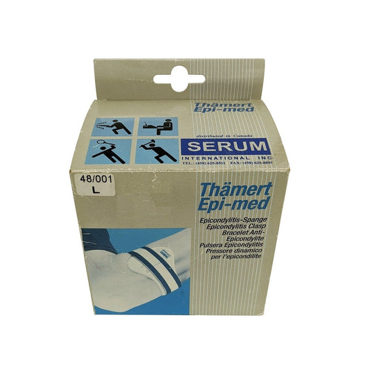 Product label for Thamërt Epi-med Epicondylitis Clasp Bracelet Large