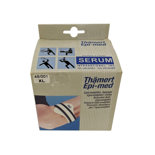 Product label for Thamërt Epi-med Epicondylitis Clasp Bracelet X-Large