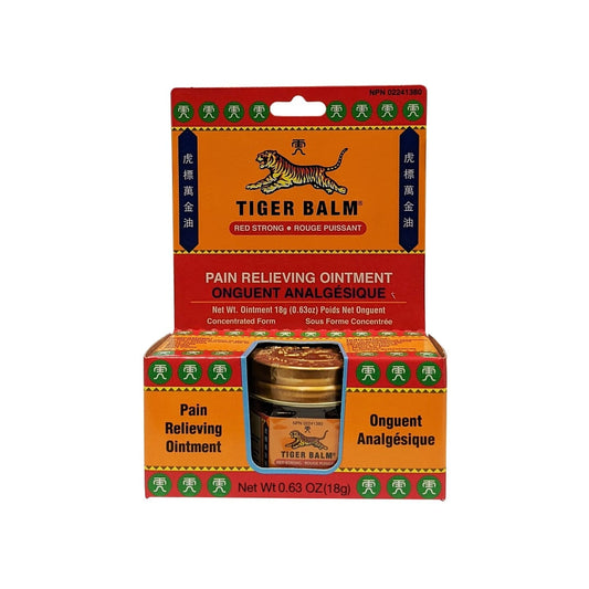 Product label for Tiger Balm Red Strong Pain Relieving Ointment (18 grams)