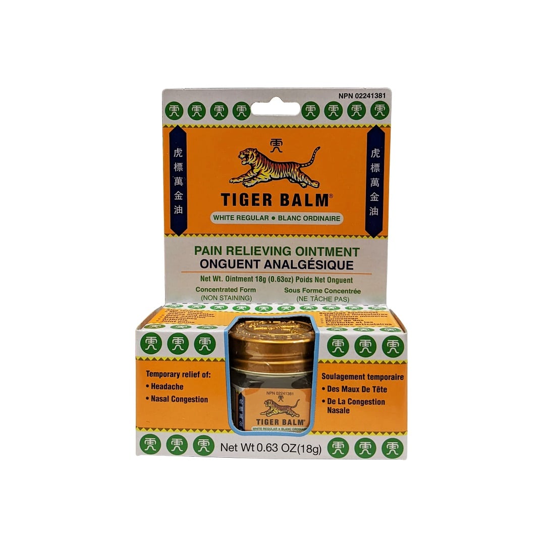 Product label for Tiger Balm White Regular Pain Relieving Ointment (18 grams)