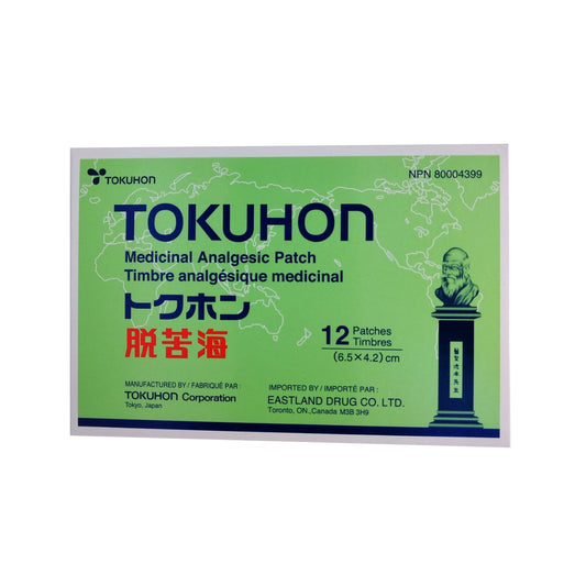 Product label for Tokuhon Medicinal Analgesic Patches 12 Pack 