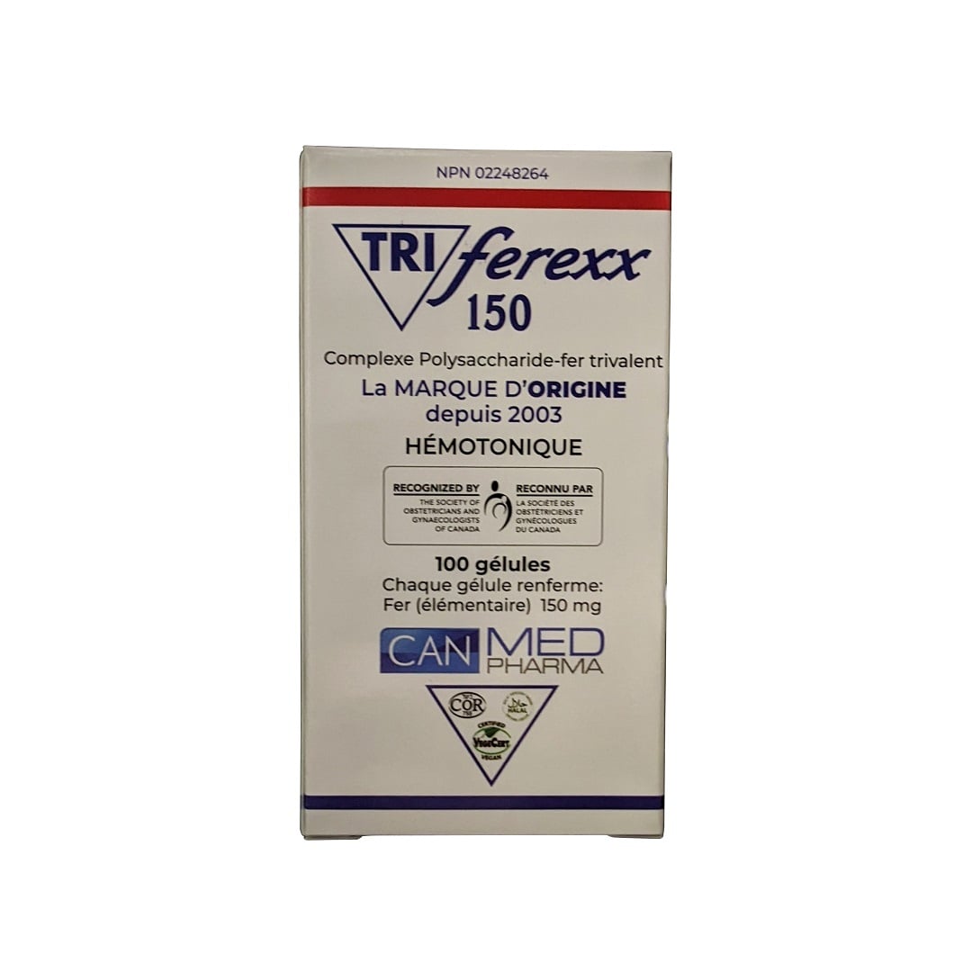 Product label for Triferexx 150 with 150 mg Elemental Iron (100 Capsules) in French