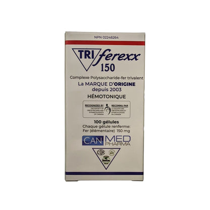 Product label for Triferexx 150 with 150 mg Elemental Iron (100 Capsules) in French