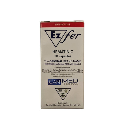 Product label for Triferexx Ez Fer 150 mg Elemental Iron with 250 mg Vitamin C (30 Capsules) in English